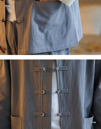 Traditional Chinese Men's Tang Suit Cotton Linen Ancient Costume Tea Servant Zen Meditation Clothing Middle Mountain Hanfu