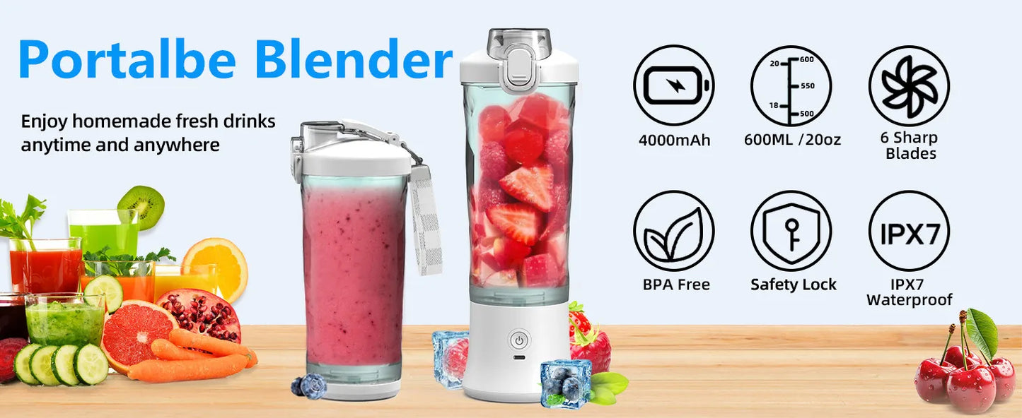 Powerful 20 oz Personal Portable Blender BPA Free USB C Rechargeable Blender with Travel Lid for Shakes Smoothies Home Travel
