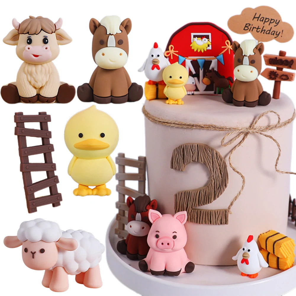 Happy Farm Cake Decoration Farm Critters Cake Topper Horse Chickens Piglet Farm Cabins Boy Girl One Birthday Cake Decorations