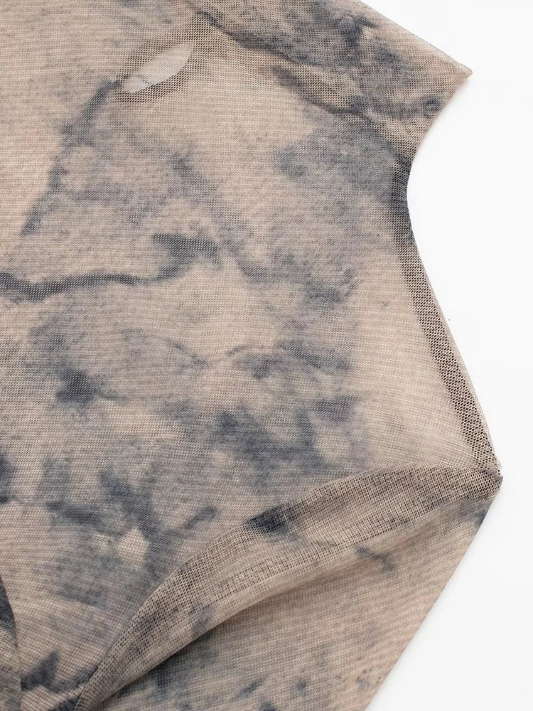 Tangada 2024 Women Print Pleated Mesh Dress Long Sleeve Sexy Famle Stand Collar Maxi Dresses 3H406