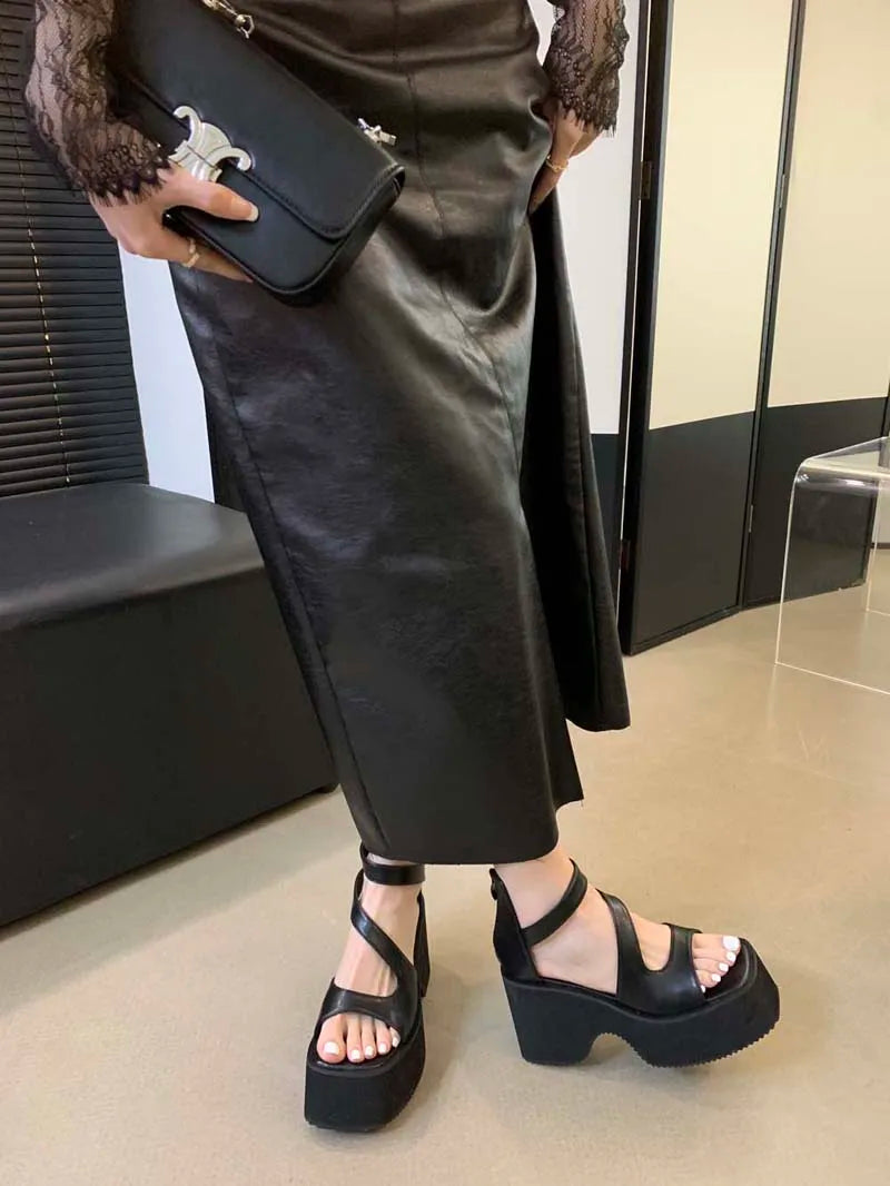 Black Gladiator Sandals Woman Platform High Heels Summer Back Zipper Shoes Punk Chunky Sandals Female Samdalias De Plataforma