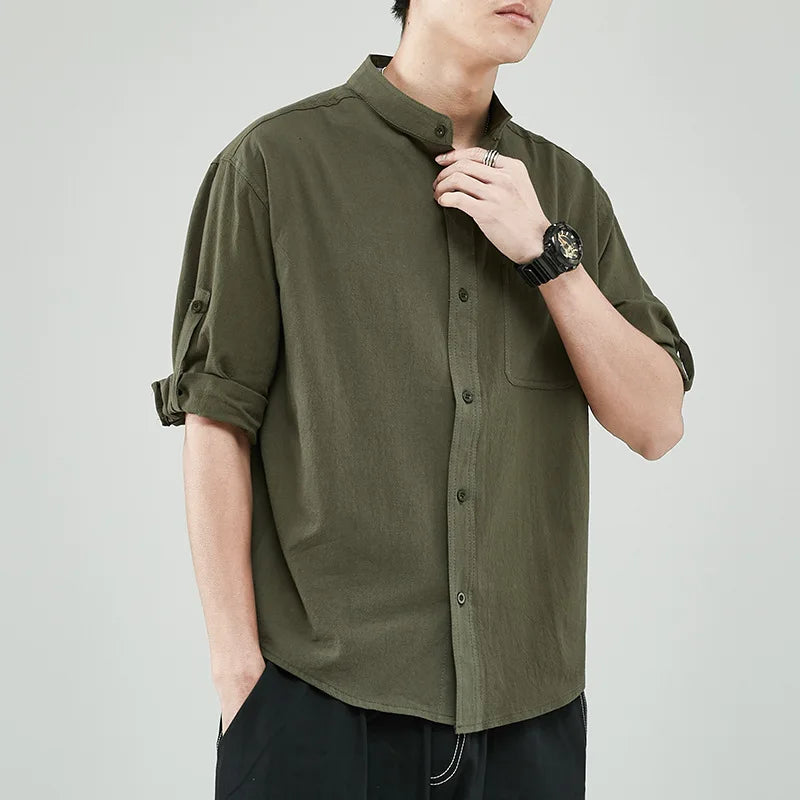 Line Shirt Men's Short-sleeved White Shirt Loose Chinese Style Summer Cotton Linen Casual Jacket Men's Quarter-sleeved Top
