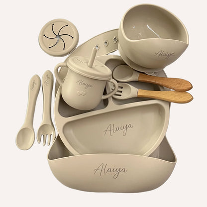 Customized Baby Silicone Feeding Set with Suction Cup Personalized Name Dish Divided Plate Bowl Spoon Cute Kid Eating Tableware
