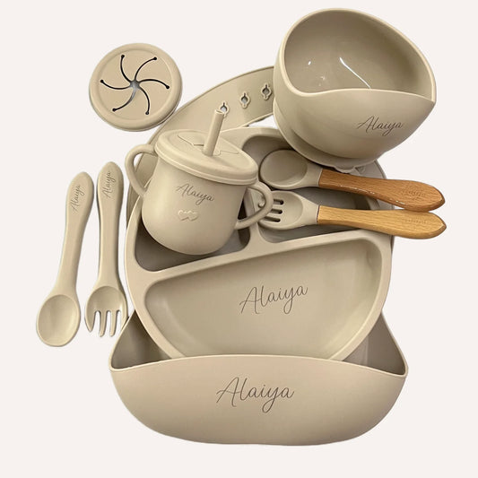 Customized Baby Silicone Feeding Set with Suction Cup Personalized Name Dish Divided Plate Bowl Spoon Cute Kid Eating Tableware