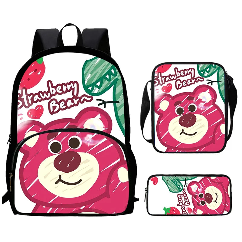 Child School Backpack with Front Pocket,Shoulder Bag,Pencil Bag for Aged 5-10,Cartoon Strawberry Bear School Bags for Boys Girls