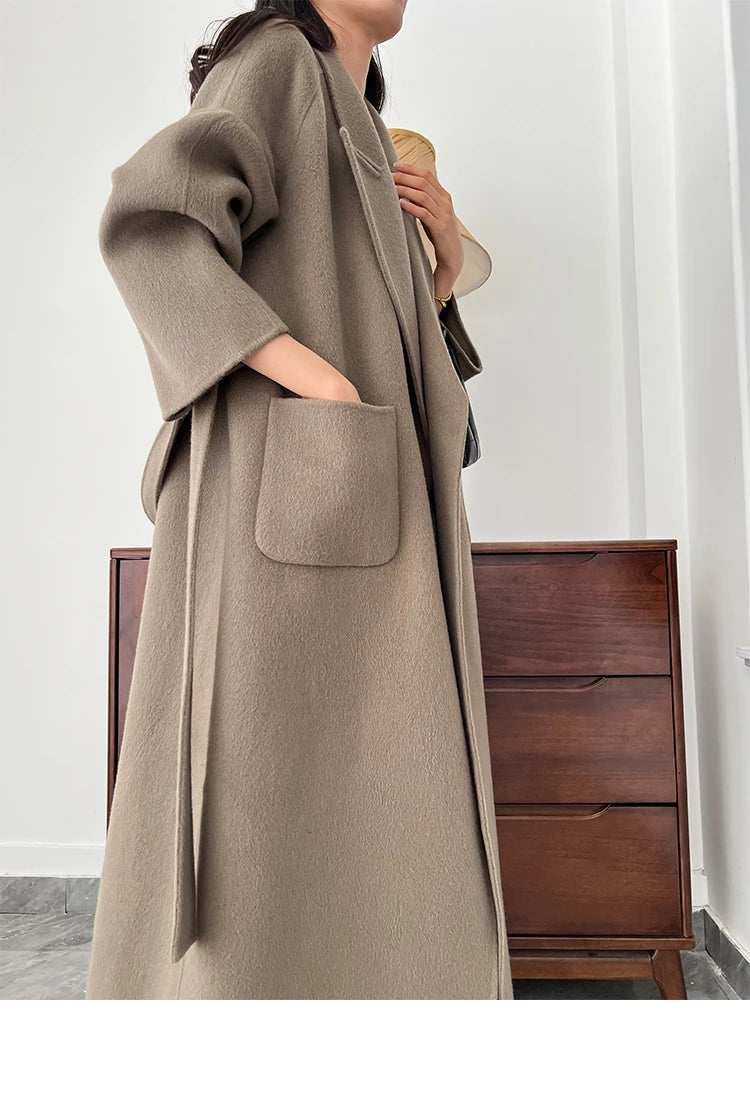 Office Lady Woolen Jackets 2024 Autumn And Winter Bathrobe Style Pocket Double-Sided Loose Lace -Up Tie Women's Long Wool Coats