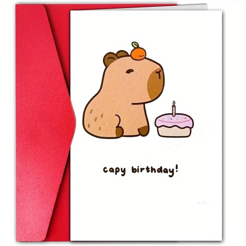 1pc, Happy birthday card, funny birthday card, friendship card, strong friendship, capybara, cake, pun card.