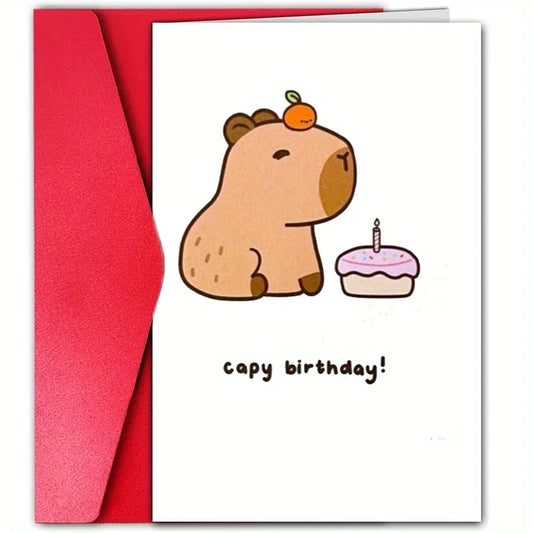1pc, Happy birthday card, funny birthday card, friendship card, strong friendship, capybara, cake, pun card.