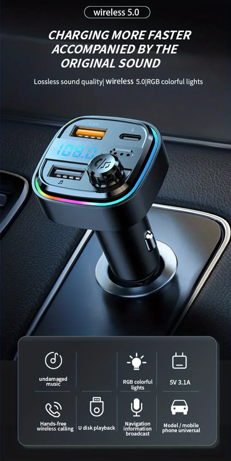 Bluetooth 5.0 FM Transmitter Handsfree Car Radio Modulator MP3 Player With 22.5W USB Super Quick Charge Adapter for Car