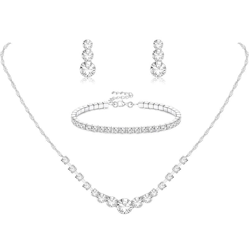 Silver Jewelry Set for Women Rhinestone Crystal Necklace Drop Earrings Link Bangle Bracelet for Bridal Wedding Bridemaid Prom