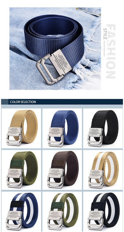 Men's Belt Trend Double Loop Buckle Canvas Belt Women's Belt with Cargo Pants Jeans Belt Outdoor Sports Belt No Perforated Belt