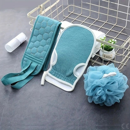 3-piece shower exfoliating set, shower ball, shower gloves, exfoliating shower towel, shower back cleaner
