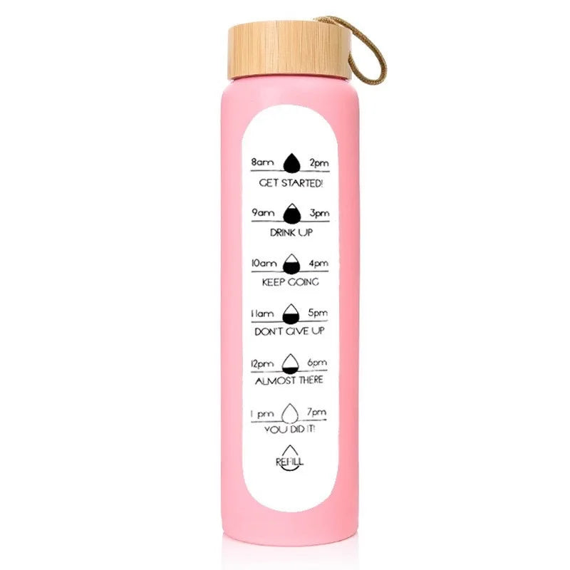 1000ML Glass Water Bottles With Straw, Glass Bottle With Silicone Sleeve And Time Marker, For Gym Home Office