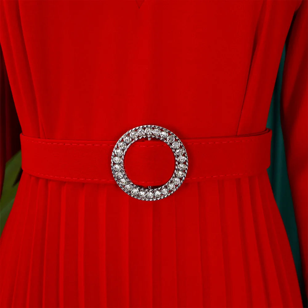 Office Dresses for Women V Neck Full Sleeve Belt Waisted Pleated Mid Calf Elegant Female Business Work Wear Dress Midi Cloth New