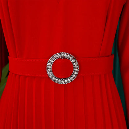 Office Dresses for Women V Neck Full Sleeve Belt Waisted Pleated Mid Calf Elegant Female Business Work Wear Dress Midi Cloth New