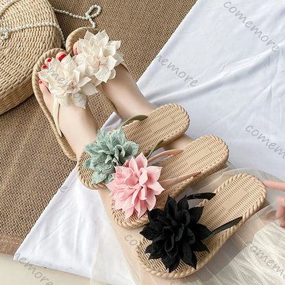 Comemore Flowers Flip Flops for Women Fashion Open Toe Light Flat Bottom Casual Women Slides Indoor Outdoor Women's Beach Shoes