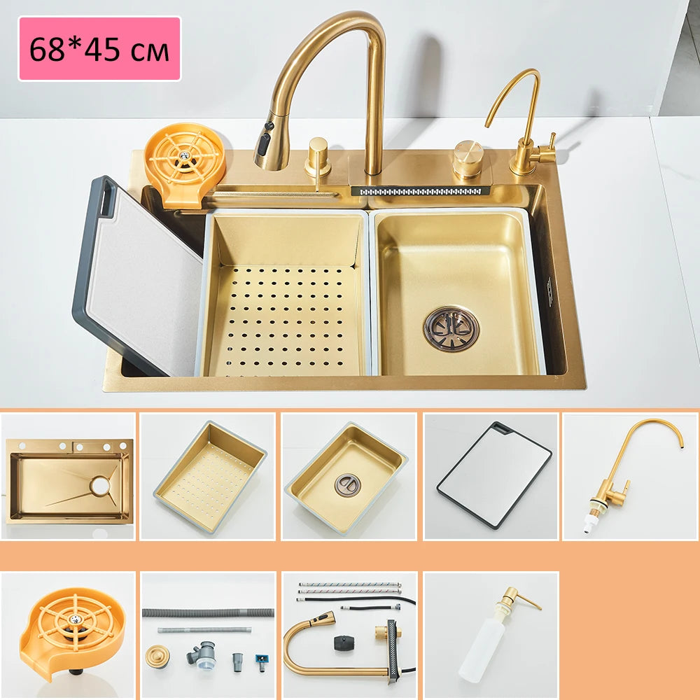 304 Stainless Steel Waterfall Kitchen Sink Large Single Slot Integrated Digital Display Faucet Set Soap Dispenser Cup Washer