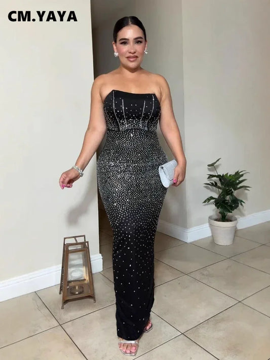 CM.YAYA Diamonds Hot Rhinestones Strapless Women Sleeveless Long Dress 2025 Spring Birthday Party Evening Prom Maxi Dresses