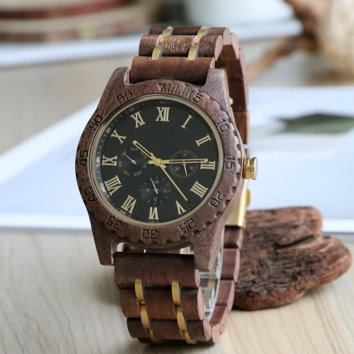 Men's Wooden Wrist Watches for Men Chronograph Fashion Wristwatches Business Blue Wood Mens Watches Clock reloj madera hombre