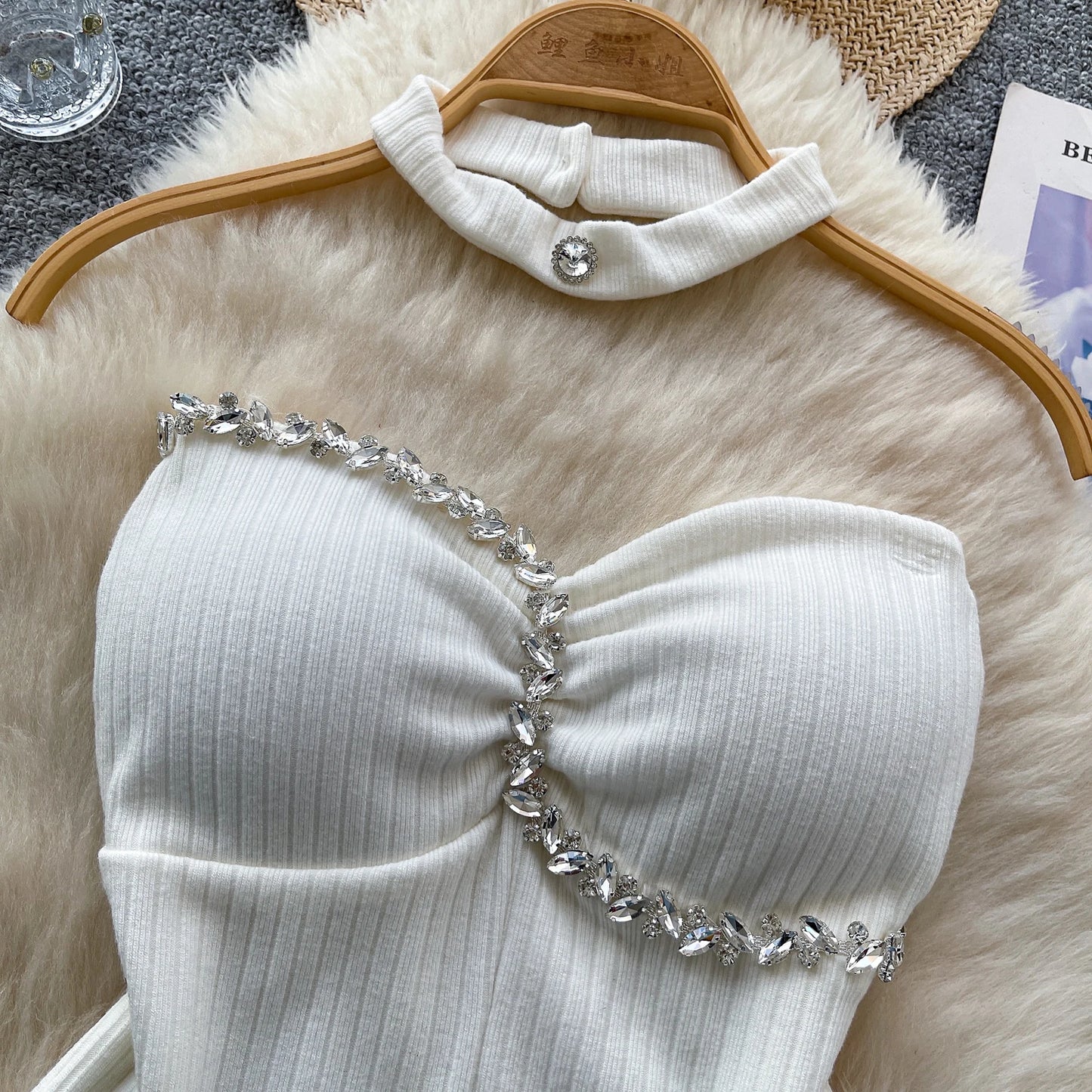 SINGREINY Strapless Sexy Ladies Top Summer Halter Beading Design Split Camisole Korean Skinny Streetwear Hotsweet Tank Top