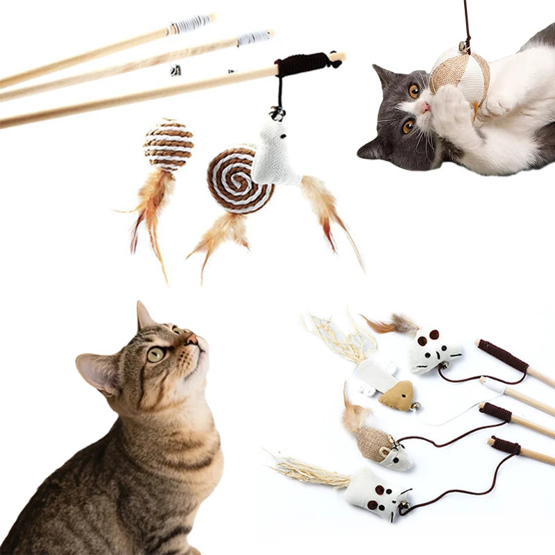 Interactive Cat Toy Kitten Funny Colorful Rod Cat Wand Toys Wood Pet Cat Toys Interactive Stick Pet Cat Supplies Stick Playing