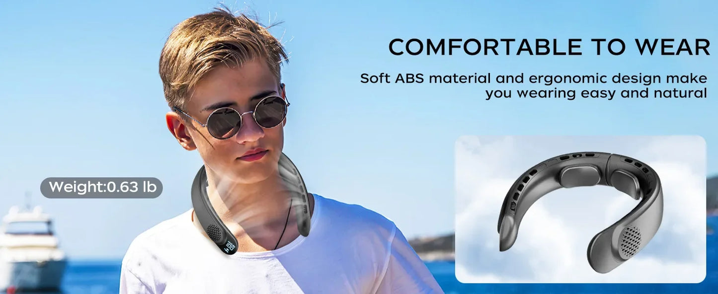 4000mAh Leafless Portable Neck Fan 3 Gears Adjustable Super Strong Wind Fast Cooling Multi-Function Digital Display Neck Fan