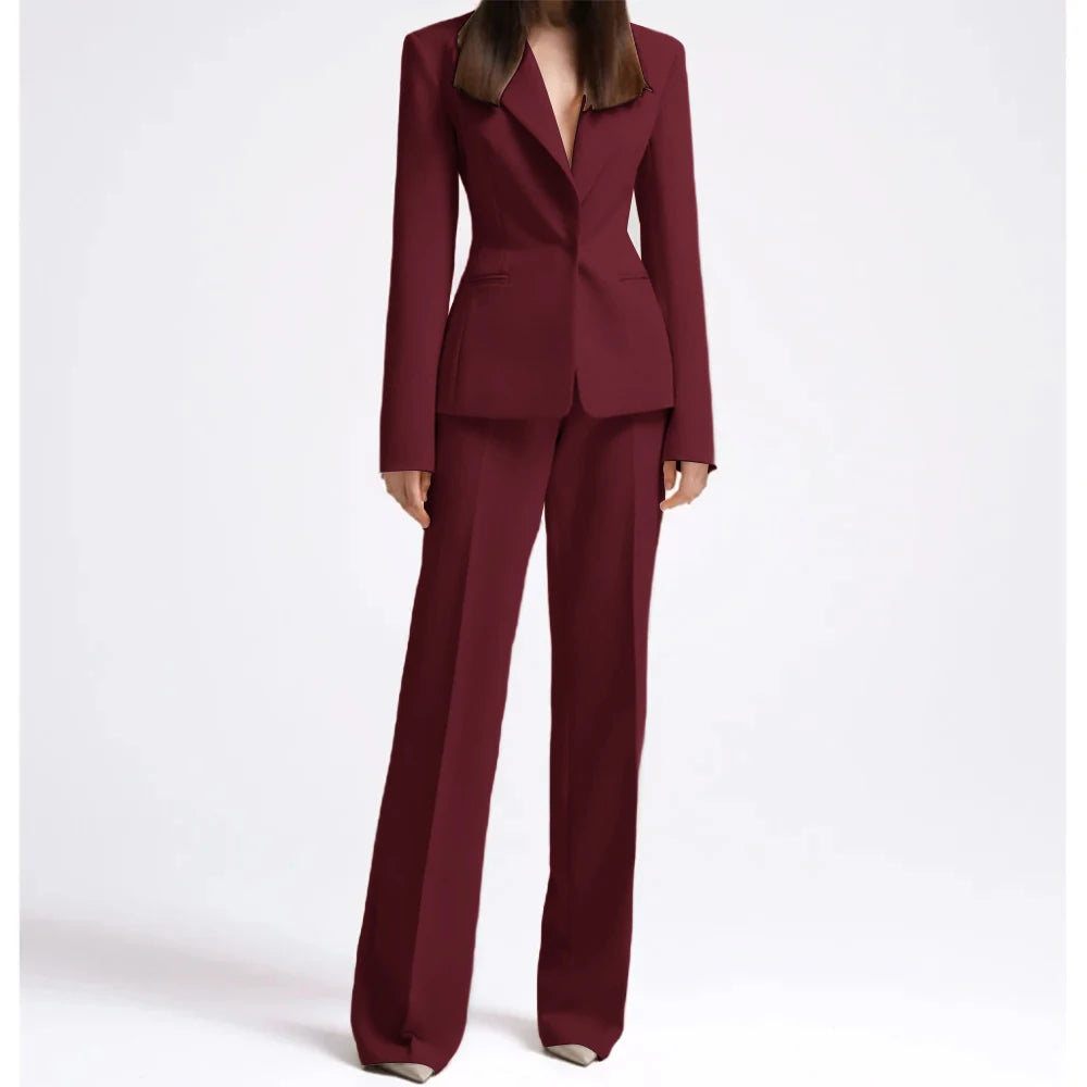 Office Lady Fashion Beige Women Suits One Button Peak Lapel 2 Piece Jacket Pants Slim Fit Smart Causal Conjuntos De Pantalones