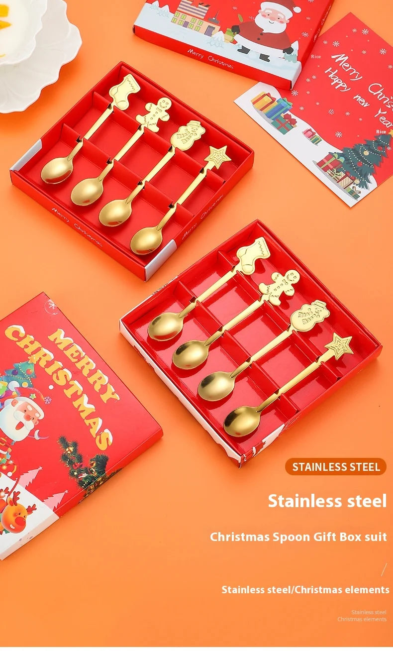 Christmas Cutlery 4Pcs Gift Set Creative Coffee Spoon Dessert Spoon Mixing Spoon Christmas Spoon Gift Box