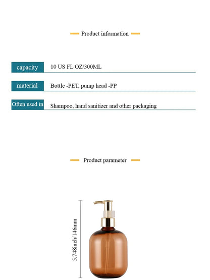 2 Pc 10.1 OZ Amber Soap Dispensers For Cosmetic Shampoos And Lotions Soaps Spill-proof Repeatable Pump Bottles For Bath Products