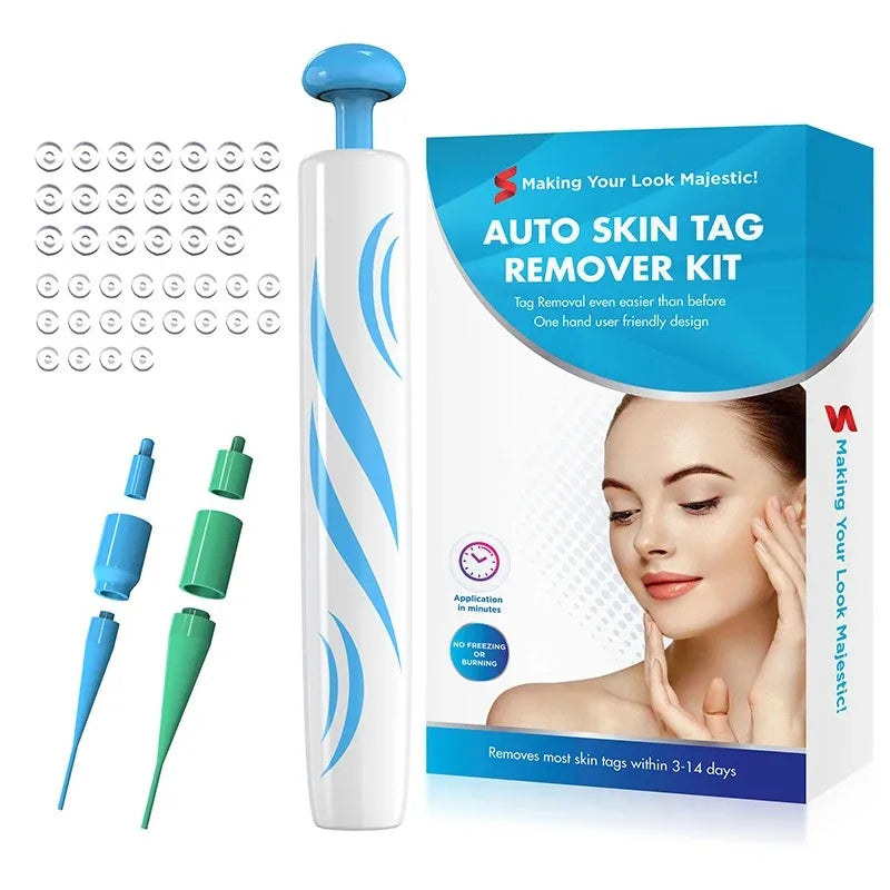 2-IN-1 Auto Skin Tag Removal Tool Kit Painless Skin Label Mole Acne Wart Removal Pen with Cleansing Swabs Facial Skin Care Tool