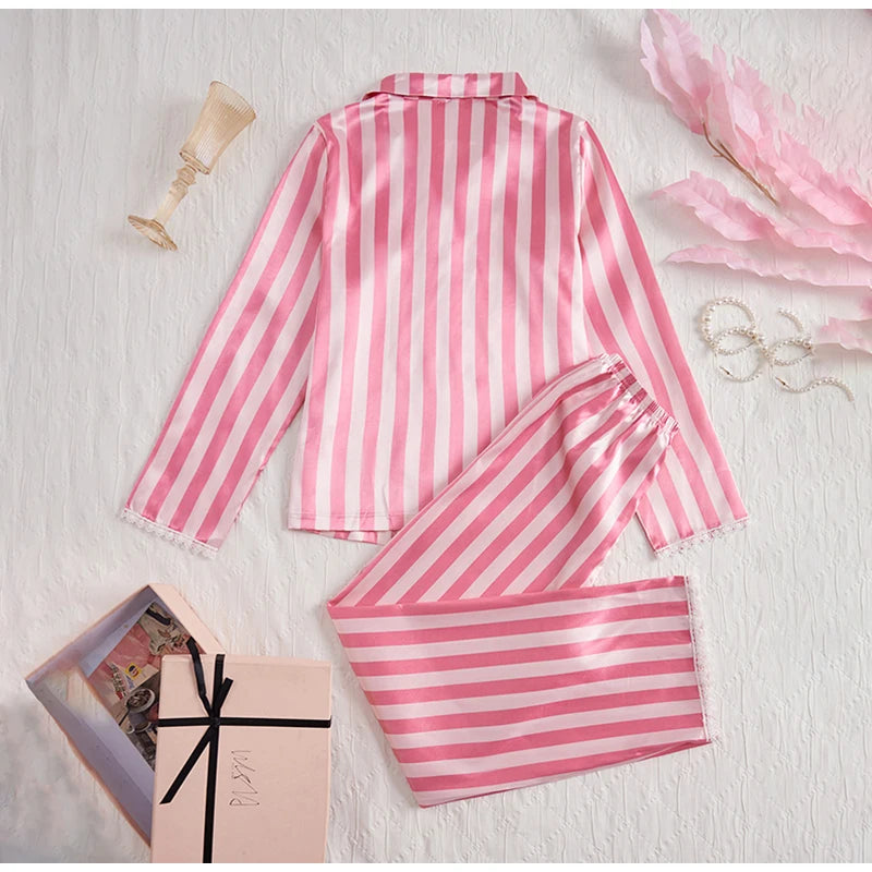 Women's sleepwear two piece set spring autumn satin long sleeved top long pants two piece set casual  comfortable home suit set