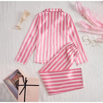 Women's sleepwear two piece set spring autumn satin long sleeved top long pants two piece set casual  comfortable home suit set