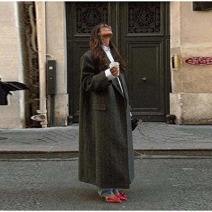 Retro Striped Lapel Woolen Long Coat Women Casual Loose Dark Grey Oversize Coats Female Winter Elegant Chic Outwear