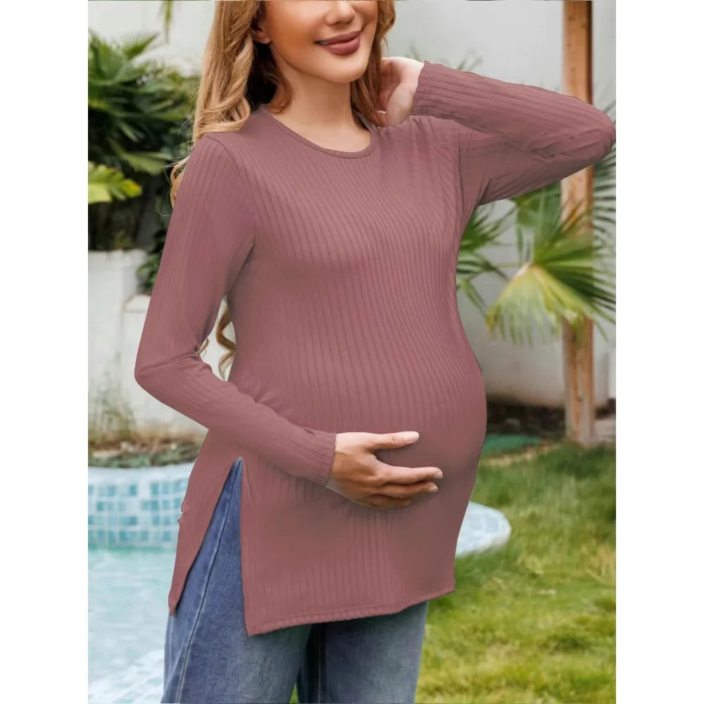 Spring New Maternity Clothes Round Neck Solid Color Slit Long Sleeve Base T-shirt Tops For Pregnant Women Maternity Wear