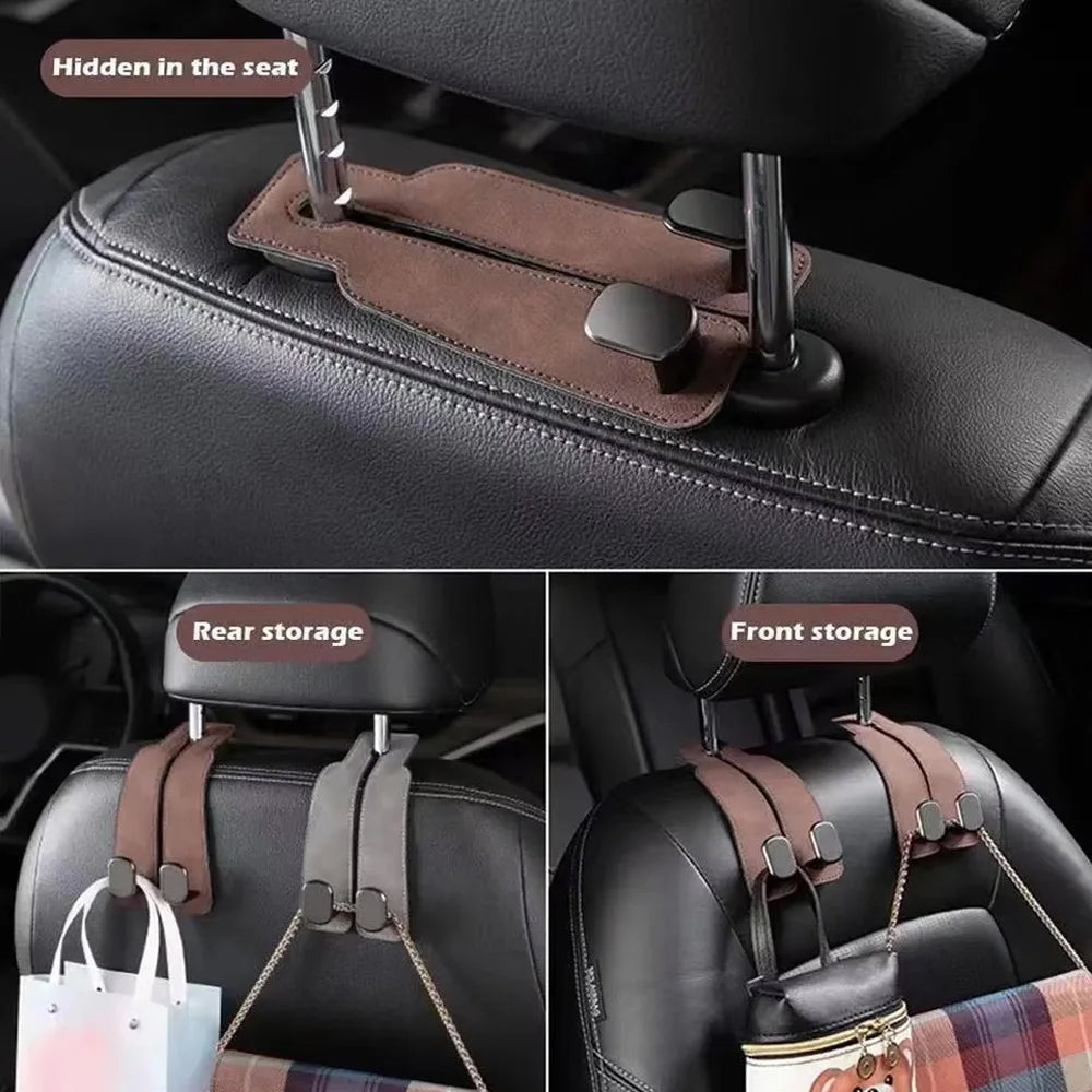 Universal Metal Car Seat Headrest Hook 2 in 1 Soft Leather Car Seat Back Hook for Purse Bag Backpack Double Hook Car Seat Hanger