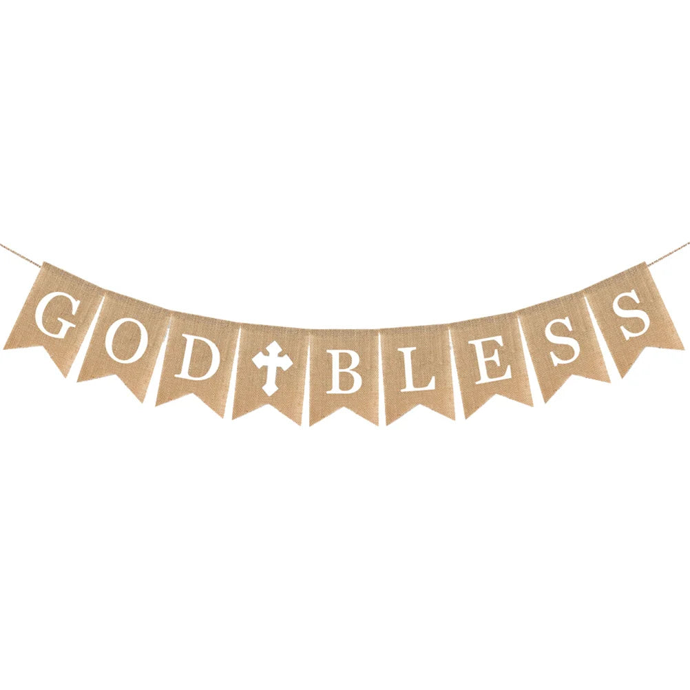 3PCS Communion Party Banner God Bless Baptism Christening Rustic Burlap Garland Banners For Wedding Baby Shower Decoration