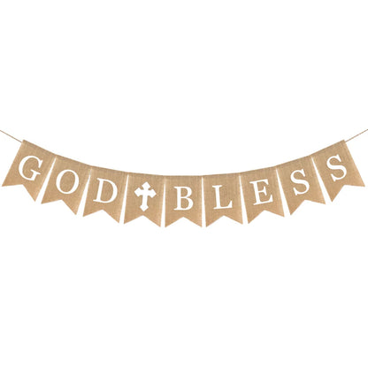3PCS Communion Party Banner God Bless Baptism Christening Rustic Burlap Garland Banners For Wedding Baby Shower Decoration