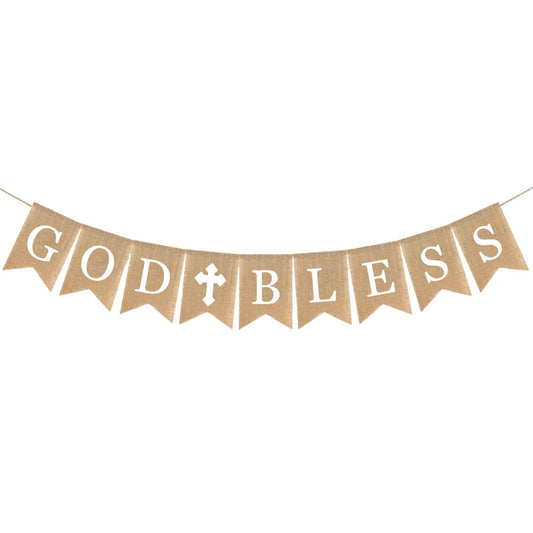 3PCS Communion Party Banner God Bless Baptism Christening Rustic Burlap Garland Banners For Wedding Baby Shower Decoration
