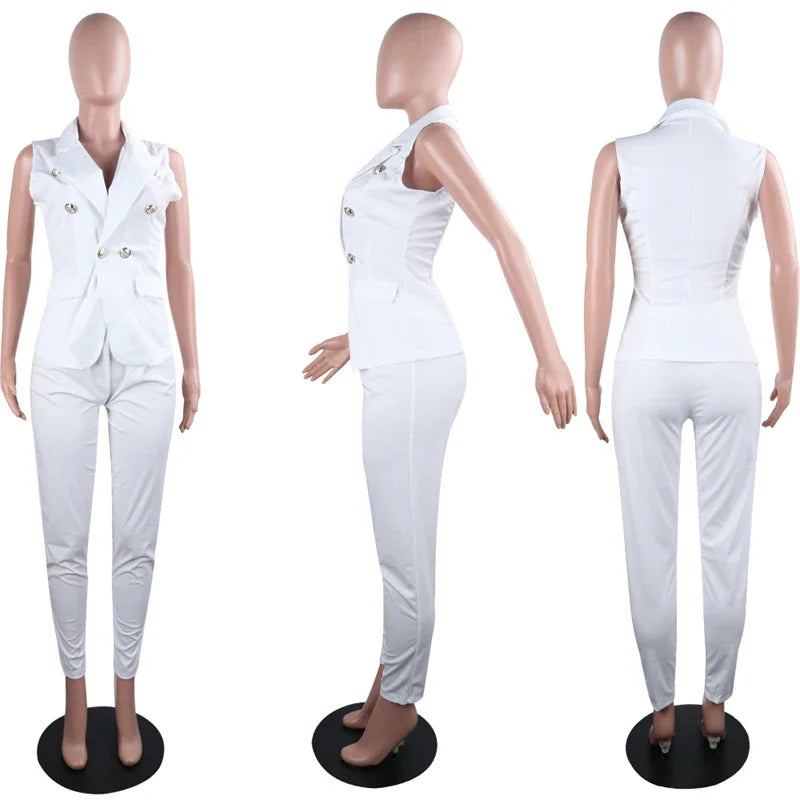 Business OL Work Wear Two Piece Pant Suits for Women Set Elegant Sleeveless Blazer Top + Pencil Pants Office Lady Matching Sets