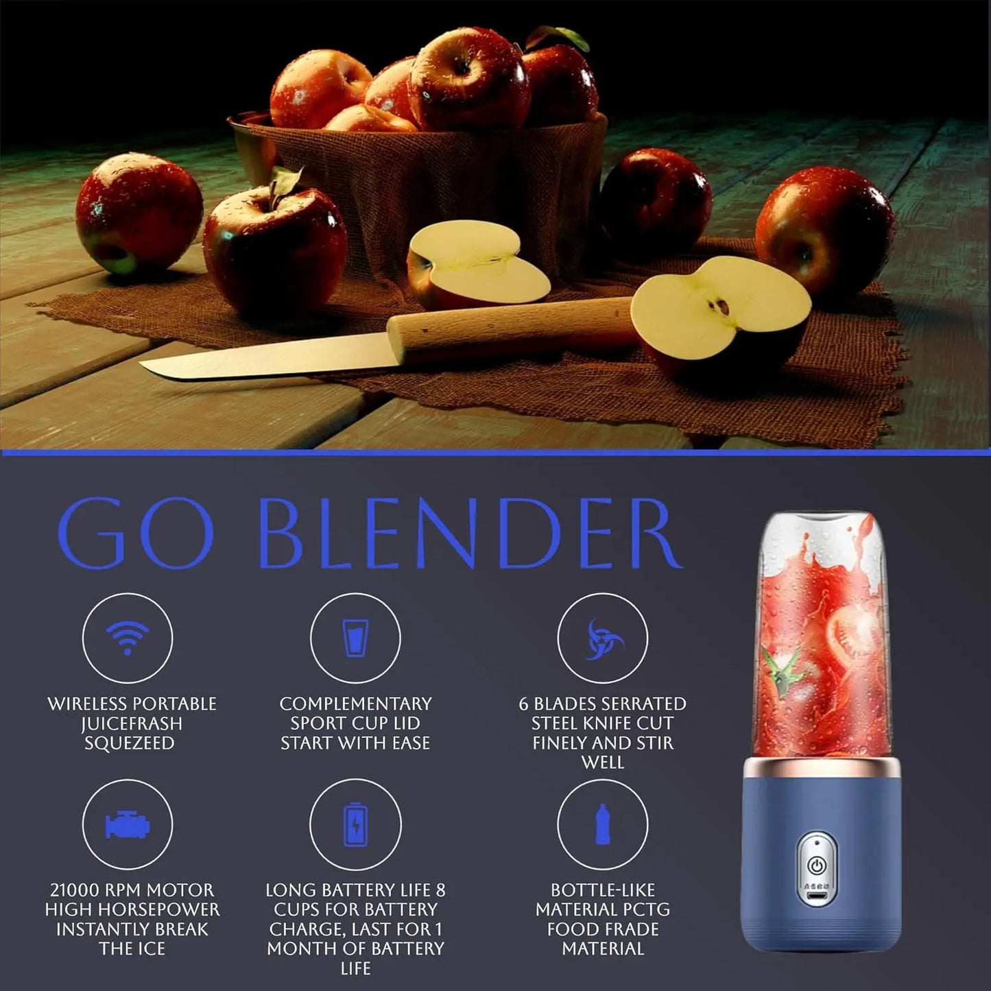 Portable Juicer Blender 14oz for Lemon Orange Fruit Juicing Cup Smoothie Blender Machine 1/2cups with 6 Blades USB Rechargeable