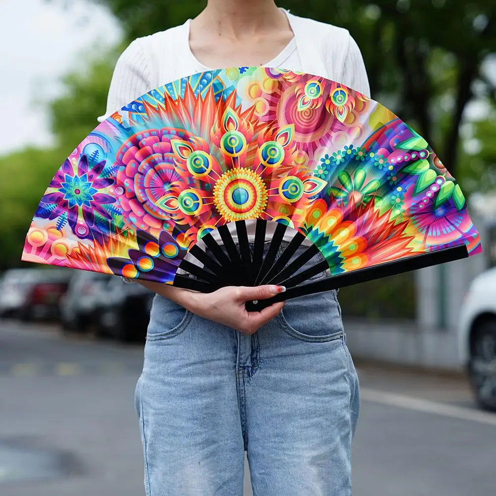 33cm Large Folding Hand Rave Fan Chinease/Japanese Gifts Fan Dance Music Colorful Fan Festival Fan Gradient Reflective Fold