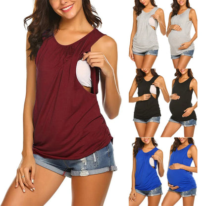Maternity Tank Top Womens Nursing Shirt Casual Sleeveless Side Ruched Crew Neck Basic Nursed Vest Pregnancy Breastfeeding Tee
