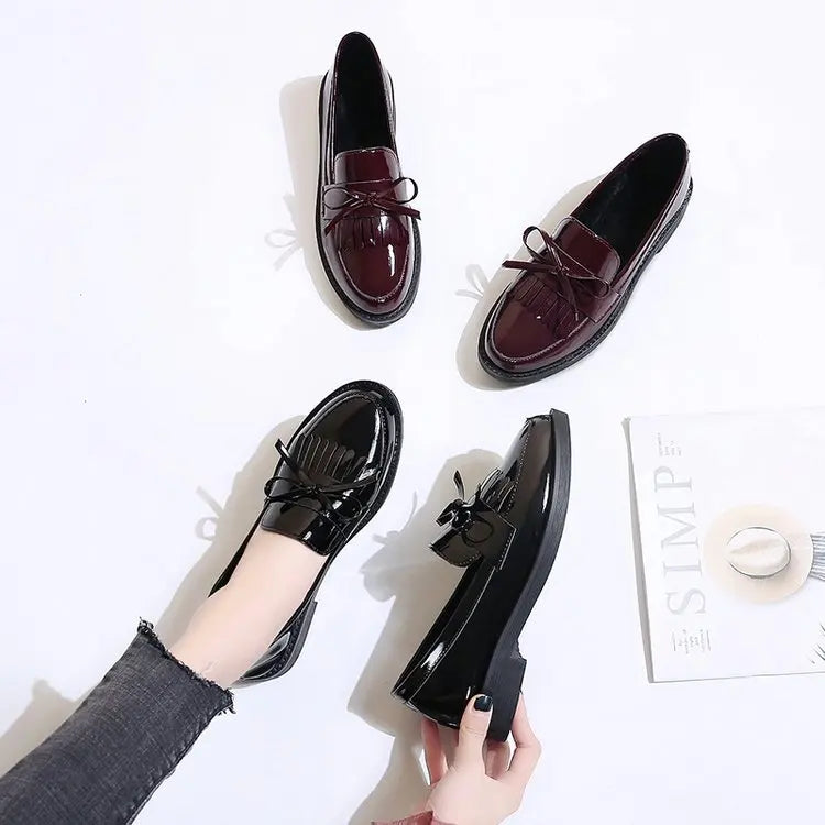 Womens Shoes Patent Leather Women Loafers British Tassel Casual Female Flat Shoes Bowknot Comfortable Small Leather Shoes