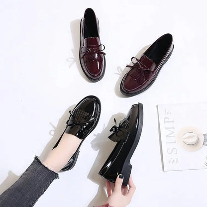 Womens Shoes Patent Leather Women Loafers British Tassel Casual Female Flat Shoes Bowknot Comfortable Small Leather Shoes