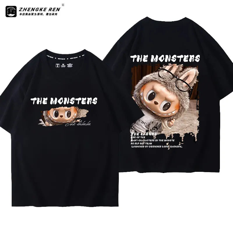 LABUBU The Monsters T-Shirt Cartoon Print Pure Cotton Short-Sleeved Top Couple Versatile Casual Trend Clothes For Adult Gift