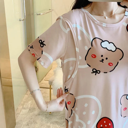 Maternity Clothings Nursing Dresses Breastfeeding Sleepwear Pattern Printing Cheerful and Lively Girl Feeling for Pregnant Women