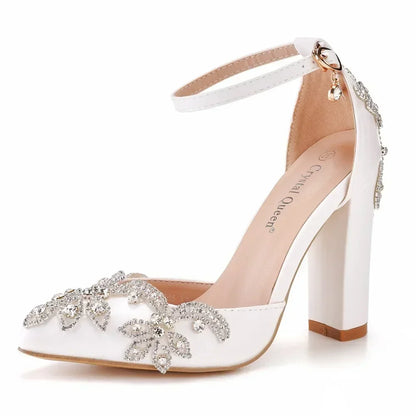 2025 Thick Heel Pointed Toe Shoes Large Size  Thick Heel Sandals Women Rhinestone Wedding Shoes Women White Wedding Shoes Drill