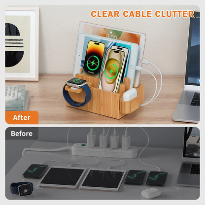 Bamboo Charging Station for Multiple Devices Desktop Docking Stations Holder for Cell Phone Tablet SmartWatch & Earbuds Stand