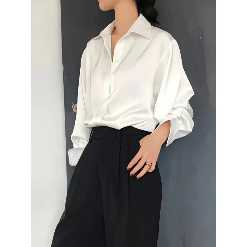 Fashion Casual Office Lady Silk Blouses Autumn Long Sleeve Button Up Shirt Women Elegant Winter Tops  Office Lady Acetate Blouse