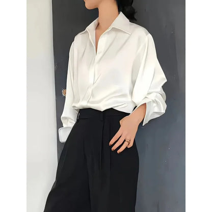 Fashion Casual Office Lady Silk Blouses Autumn Long Sleeve Button Up Shirt Women Elegant Winter Tops  Office Lady Acetate Blouse